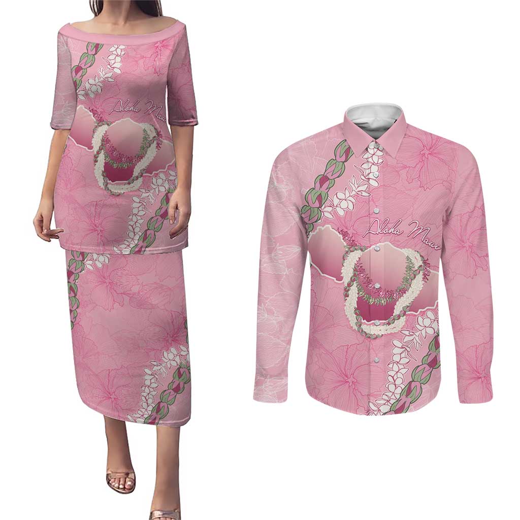 Hawaii Maui Island Flowers Lei Couples Matching Puletasi and Long Sleeve Button Shirt Lokelani Rose Pink LT7 Pink - Polynesian Pride