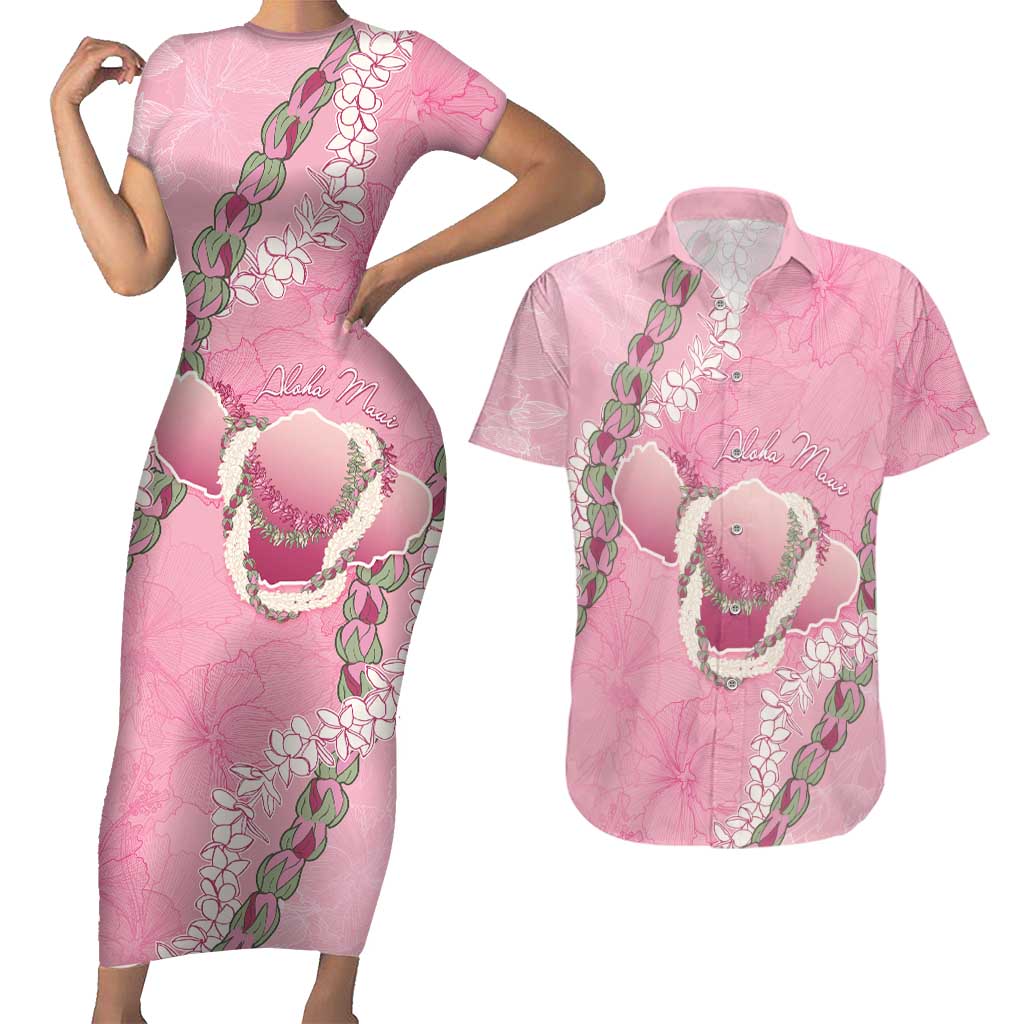 Hawaii Maui Island Flowers Lei Couples Matching Short Sleeve Bodycon Dress and Hawaiian Shirt Lokelani Rose Pink LT7 Pink - Polynesian Pride
