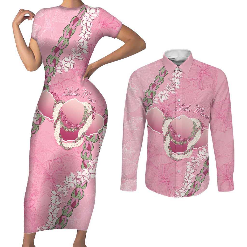 Hawaii Maui Island Flowers Lei Couples Matching Short Sleeve Bodycon Dress and Long Sleeve Button Shirt Lokelani Rose Pink