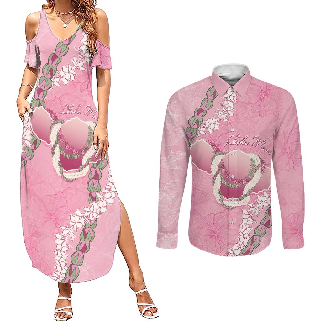 Hawaii Maui Island Flowers Lei Couples Matching Summer Maxi Dress and Long Sleeve Button Shirt Lokelani Rose Pink LT7 Pink - Polynesian Pride