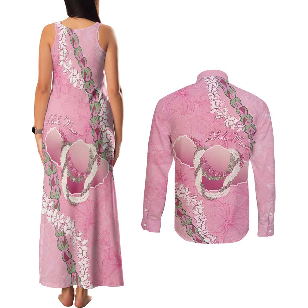 Hawaii Maui Island Flowers Lei Couples Matching Tank Maxi Dress and Long Sleeve Button Shirt Lokelani Rose Pink LT7 - Polynesian Pride