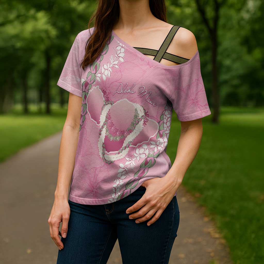 Hawaii Maui Island Flowers Lei Cross Shoulder Shirt Lokelani Rose Pink