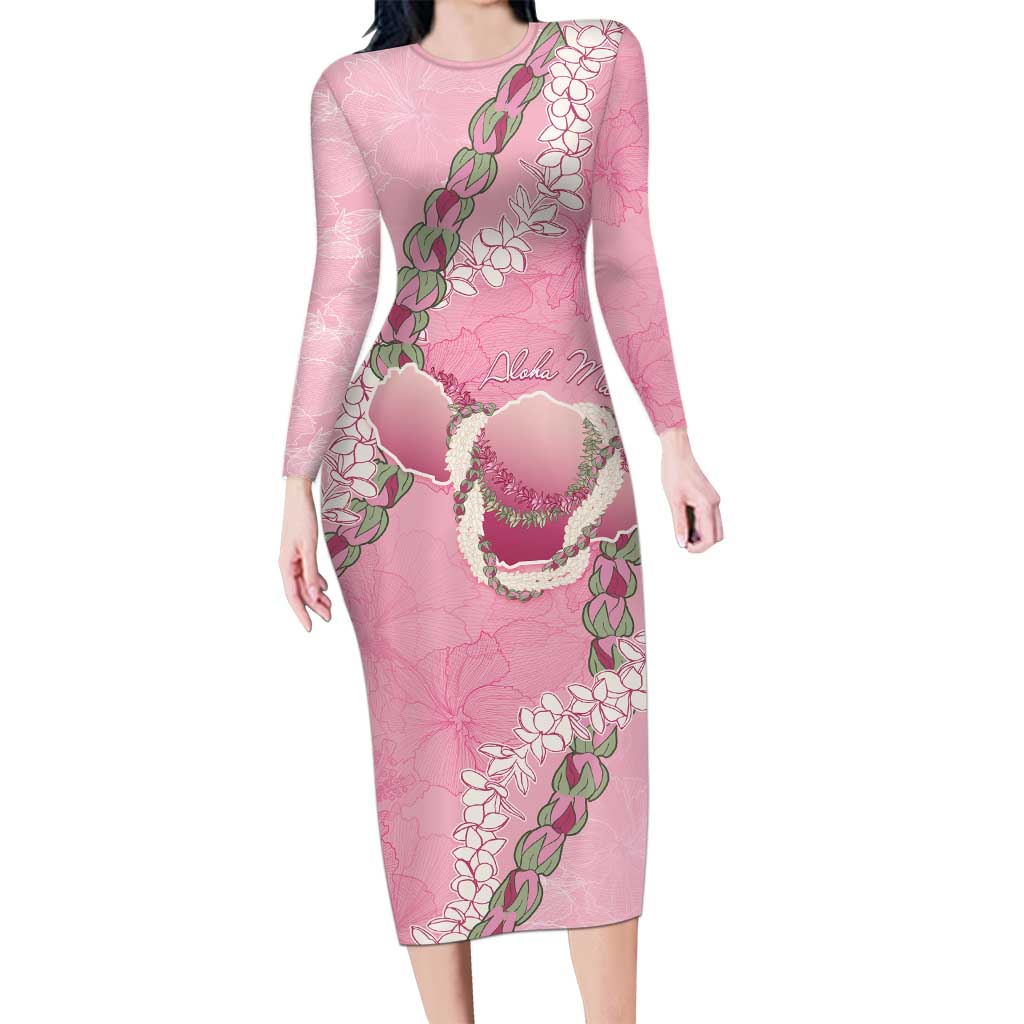 Hawaii Maui Island Flowers Lei Family Matching Long Sleeve Bodycon Dress and Hawaiian Shirt Lokelani Rose Pink LT7 Mom's Dress Pink - Polynesian Pride