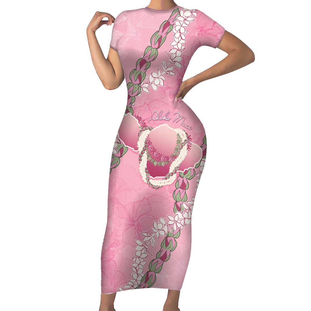 Hawaii Maui Island Flowers Lei Family Matching Short Sleeve Bodycon Dress and Hawaiian Shirt Lokelani Rose Pink LT7 Mom's Dress Pink - Polynesian Pride