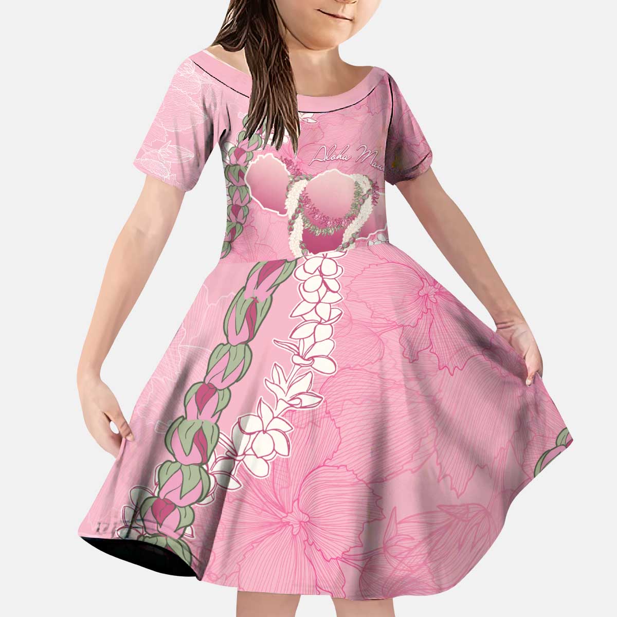 Hawaii Maui Island Flowers Lei Kid Short Sleeve Dress Lokelani Rose Pink LT7 KID Pink - Polynesian Pride