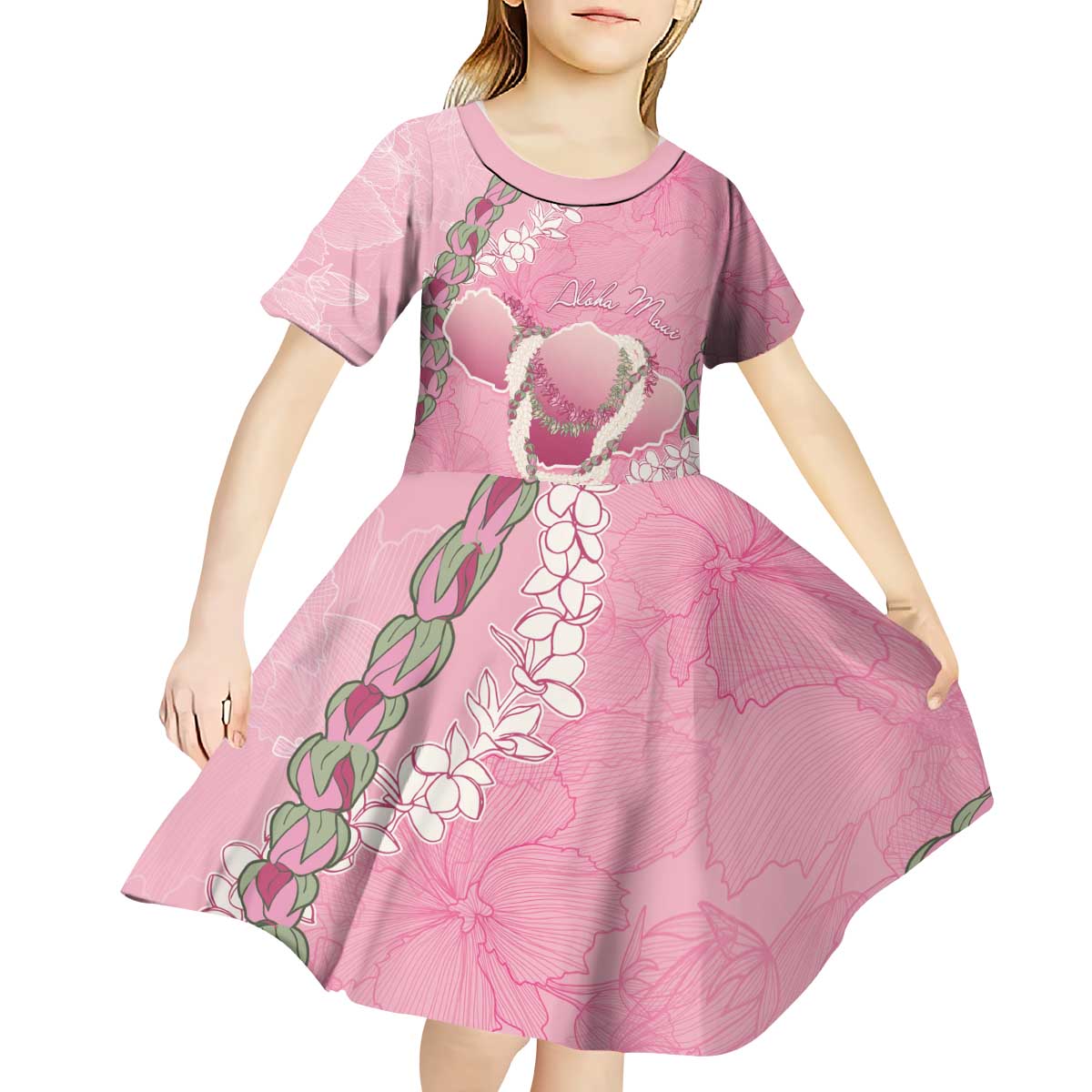Hawaii Maui Island Flowers Lei Kid Short Sleeve Dress Lokelani Rose Pink LT7 - Polynesian Pride