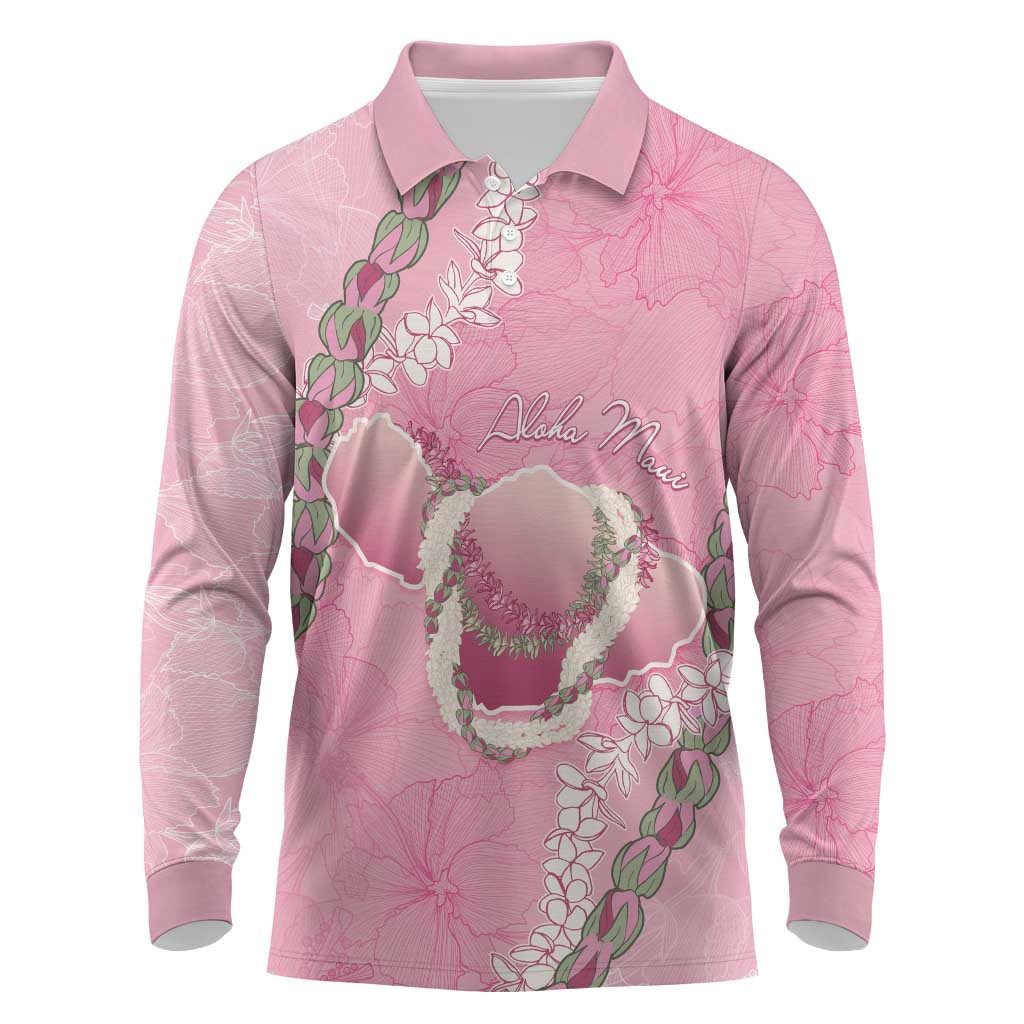 Hawaii Maui Island Flowers Lei Long Sleeve Polo Shirt Lokelani Rose Pink