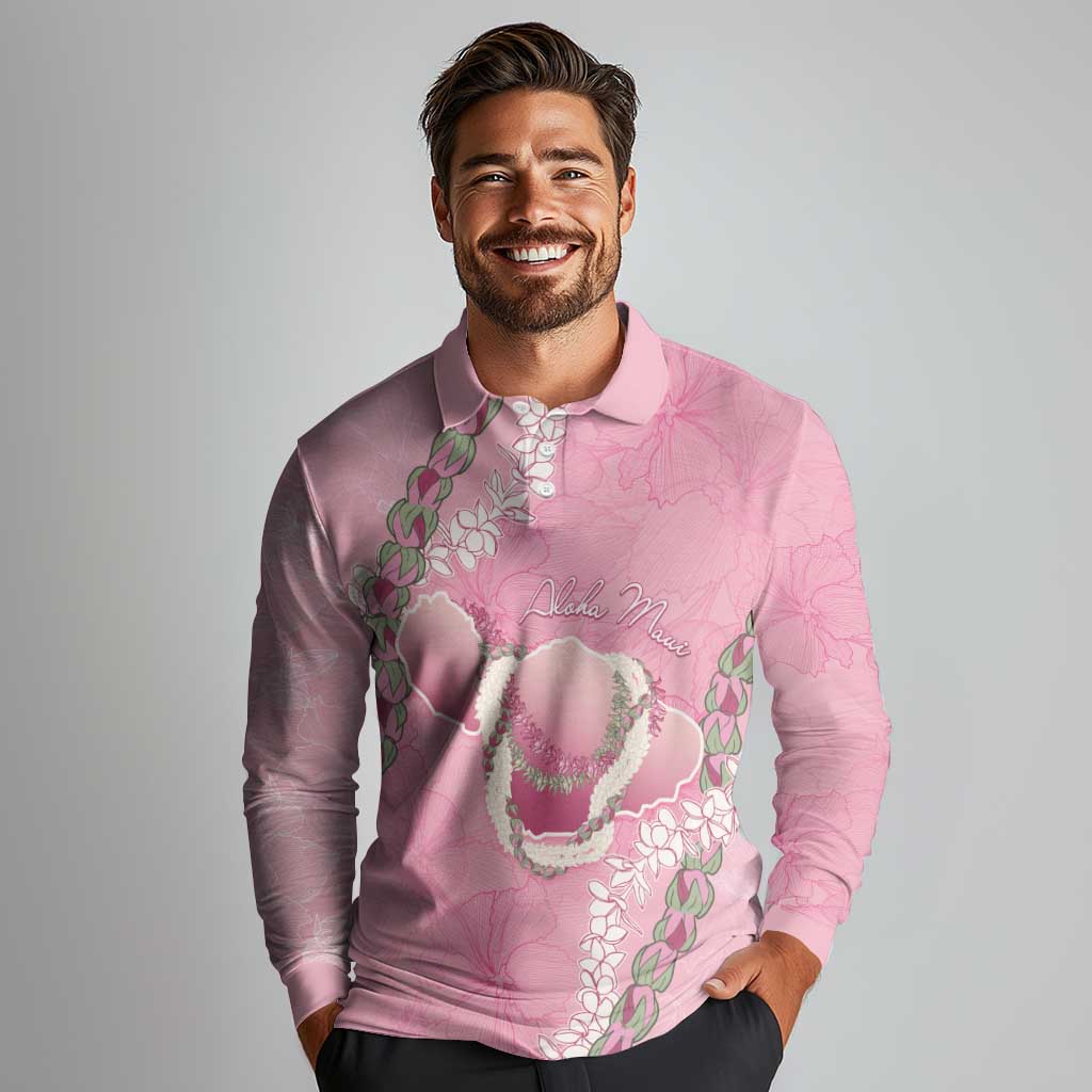 Hawaii Maui Island Flowers Lei Long Sleeve Polo Shirt Lokelani Rose Pink LT7 - Polynesian Pride