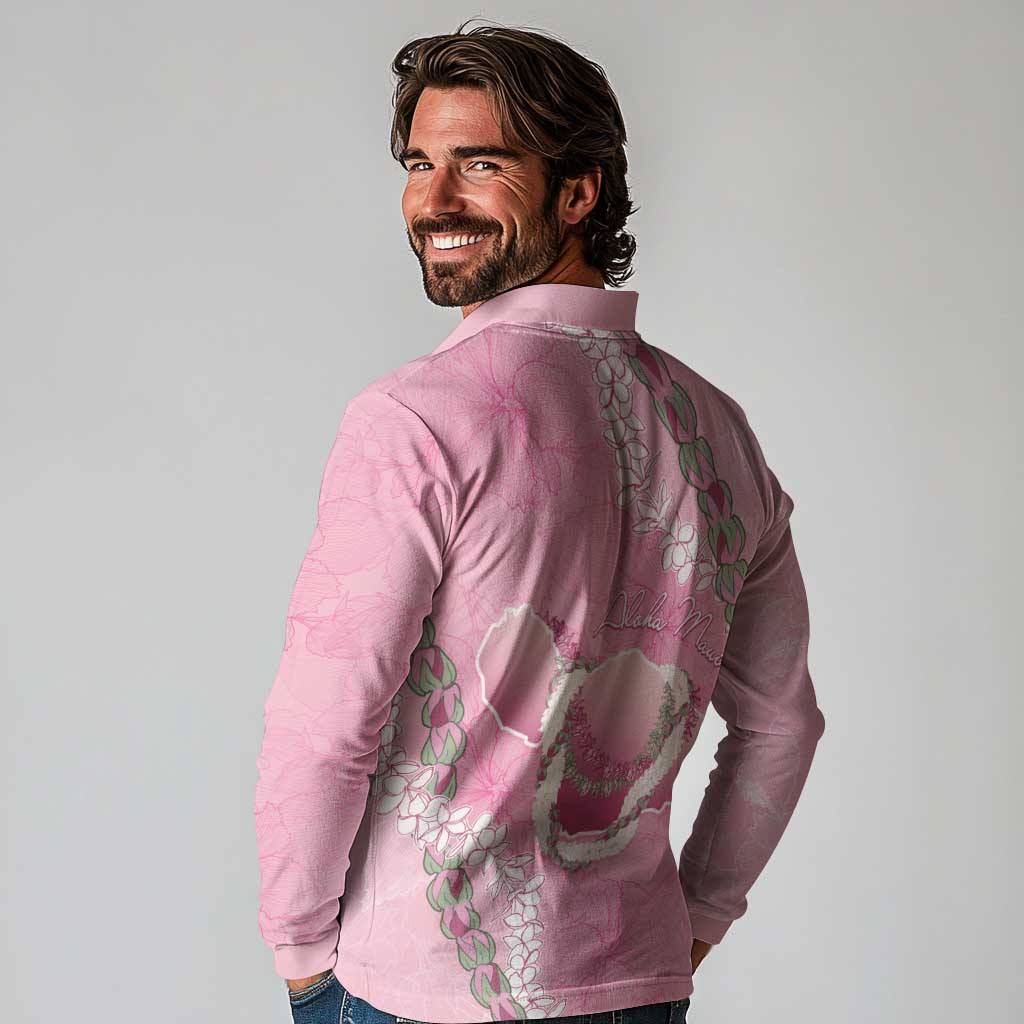 Hawaii Maui Island Flowers Lei Long Sleeve Polo Shirt Lokelani Rose Pink LT7 - Polynesian Pride