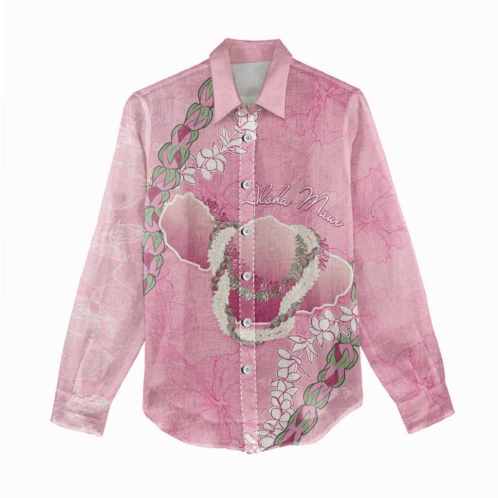 Hawaii Maui Island Flowers Lei Women Casual Shirt Lokelani Rose Pink LT7 - Polynesian Pride
