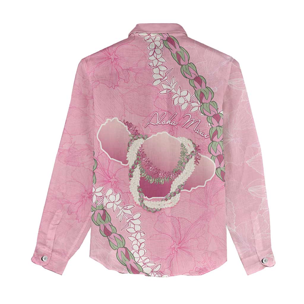 Hawaii Maui Island Flowers Lei Women Casual Shirt Lokelani Rose Pink LT7 - Polynesian Pride