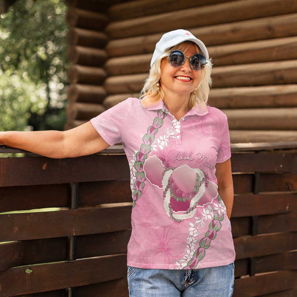 Hawaii Maui Island Flowers Lei Women Polo Shirt Lokelani Rose Pink LT7 - Polynesian Pride
