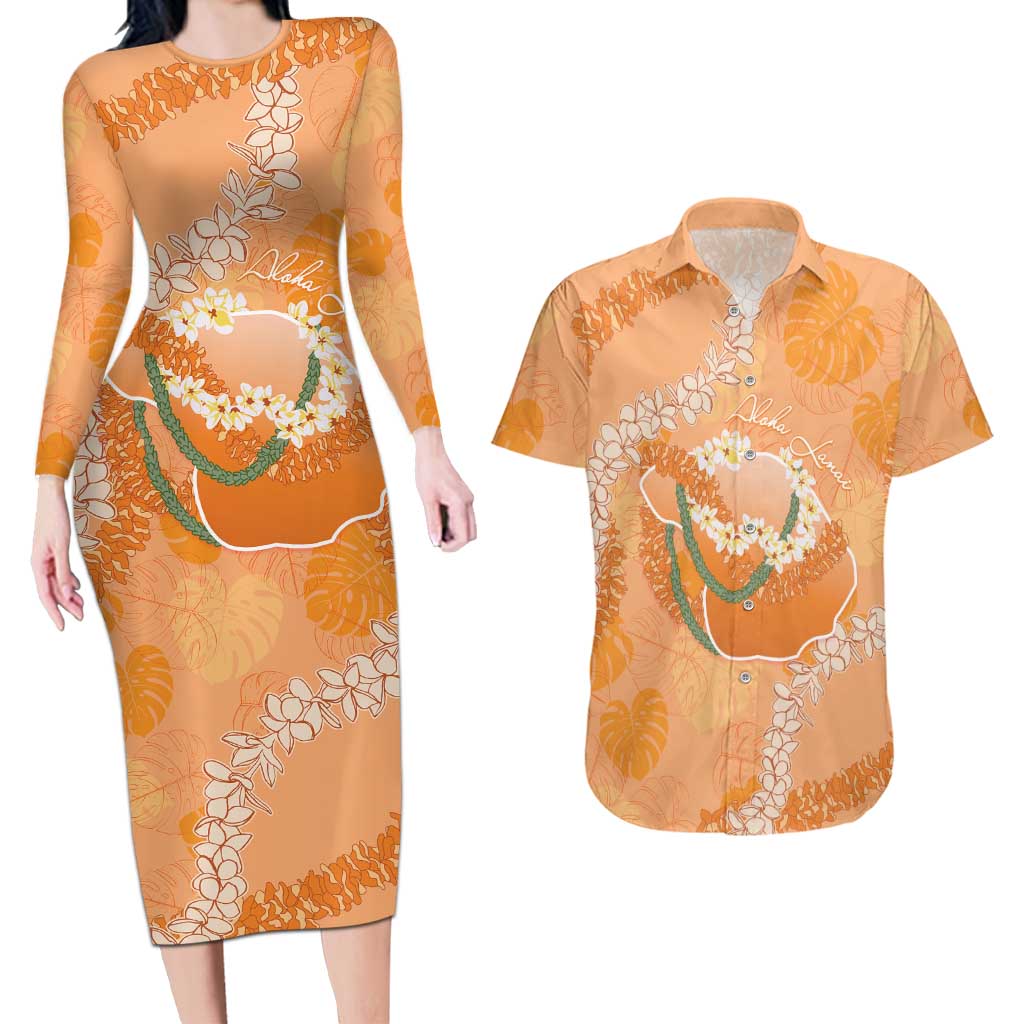 Hawaii Lanai Island Flowers Lei Couples Matching Long Sleeve Bodycon Dress and Hawaiian Shirt Orange Kaunaoa Mix Maile LT7 Orange - Polynesian Pride