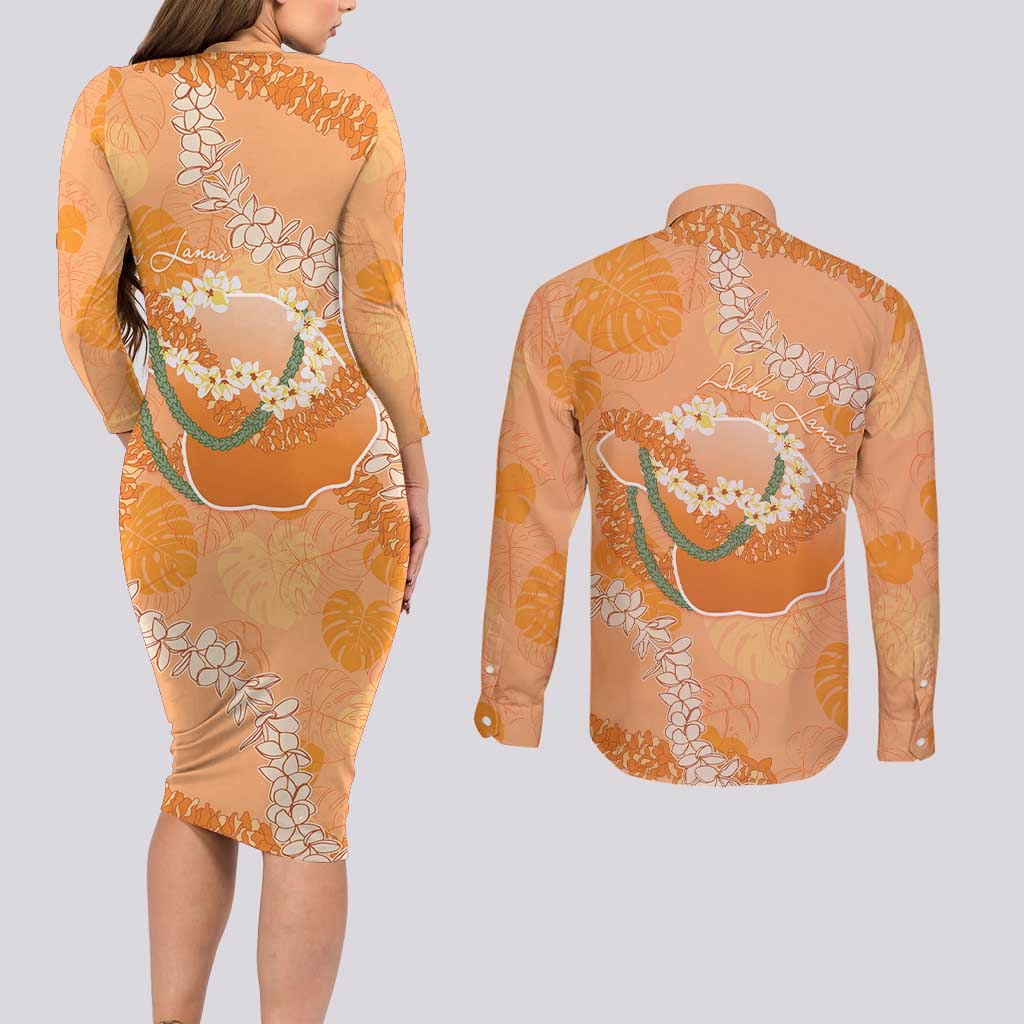 Hawaii Lanai Island Flowers Lei Couples Matching Long Sleeve Bodycon Dress and Long Sleeve Button Shirt Orange Kaunaoa Mix Maile LT7 - Polynesian Pride