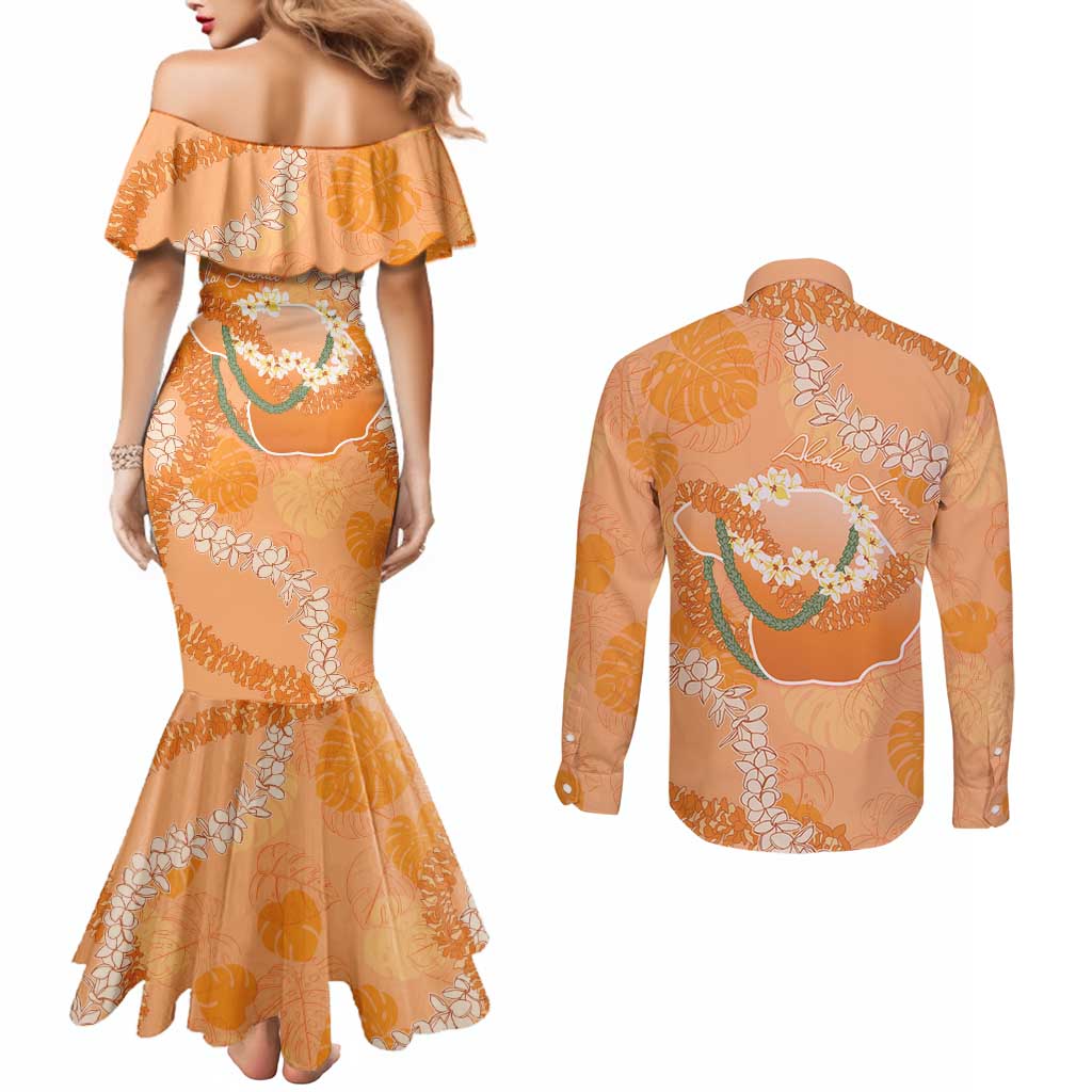 Hawaii Lanai Island Flowers Lei Couples Matching Mermaid Dress and Long Sleeve Button Shirt Orange Kaunaoa Mix Maile LT7 - Polynesian Pride