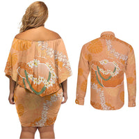 Hawaii Lanai Island Flowers Lei Couples Matching Off Shoulder Short Dress and Long Sleeve Button Shirt Orange Kaunaoa Mix Maile LT7 - Polynesian Pride
