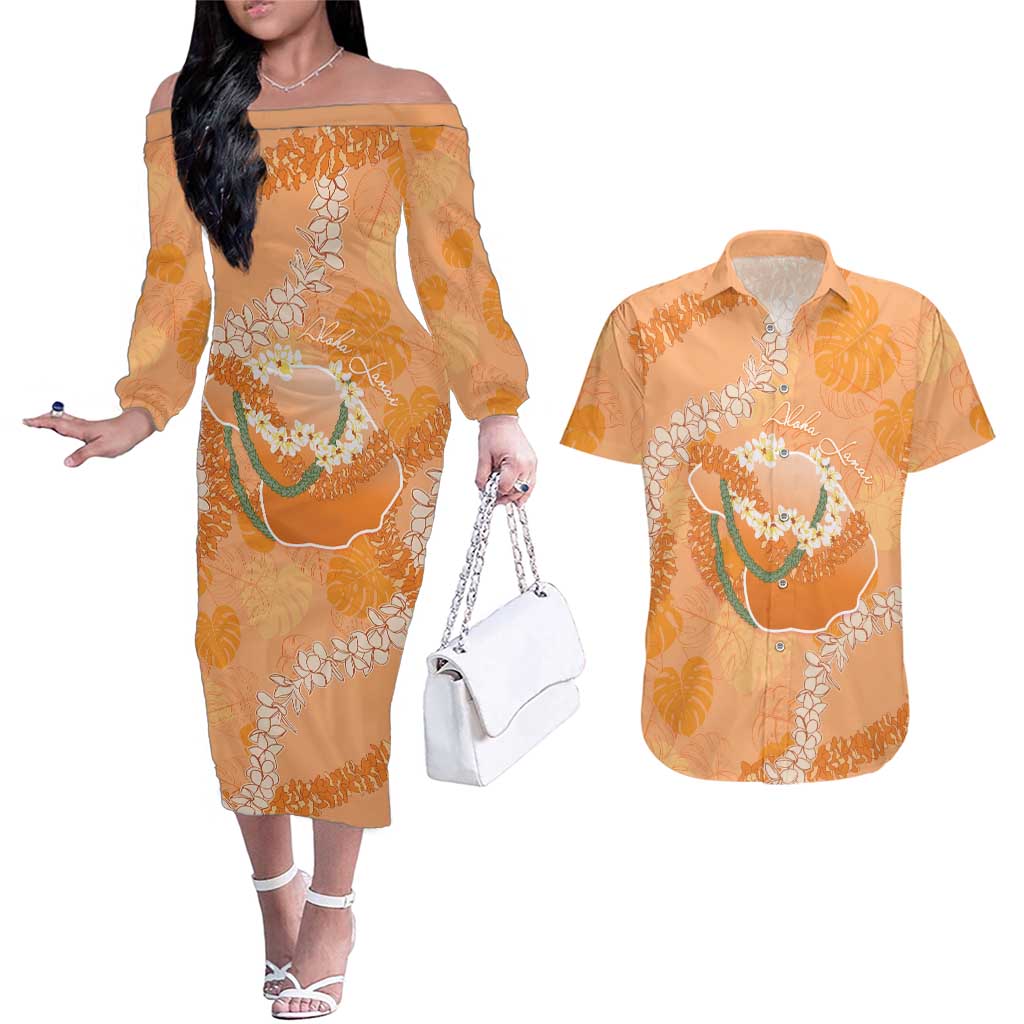 Hawaii Lanai Island Flowers Lei Couples Matching Off The Shoulder Long Sleeve Dress and Hawaiian Shirt Orange Kaunaoa Mix Maile