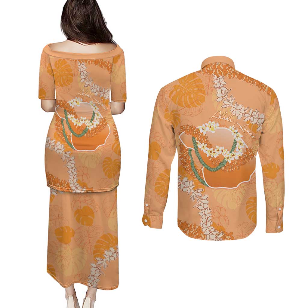 Hawaii Lanai Island Flowers Lei Couples Matching Puletasi and Long Sleeve Button Shirt Orange Kaunaoa Mix Maile LT7 - Polynesian Pride