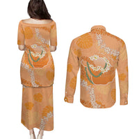 Hawaii Lanai Island Flowers Lei Couples Matching Puletasi and Long Sleeve Button Shirt Orange Kaunaoa Mix Maile LT7 - Polynesian Pride