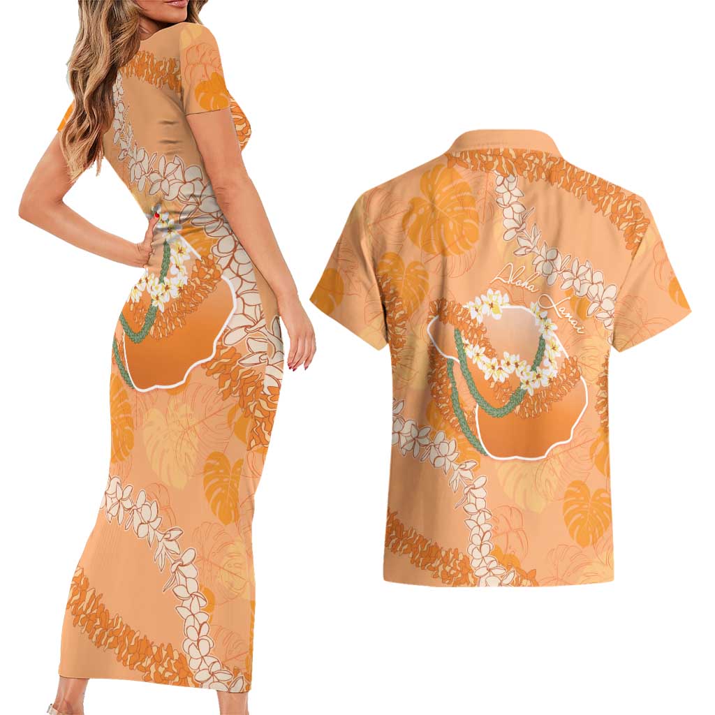 Hawaii Lanai Island Flowers Lei Couples Matching Short Sleeve Bodycon Dress and Hawaiian Shirt Orange Kaunaoa Mix Maile LT7 - Polynesian Pride