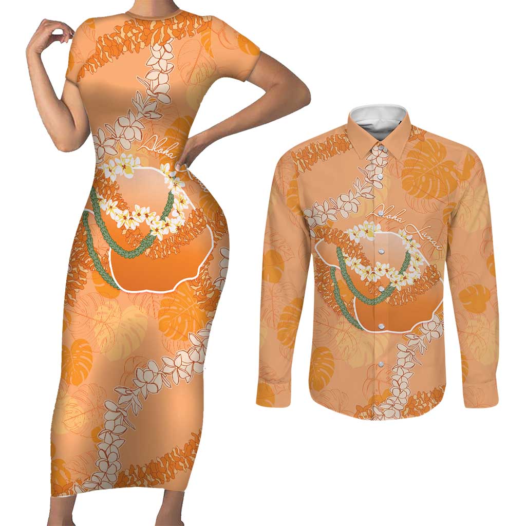 Hawaii Lanai Island Flowers Lei Couples Matching Short Sleeve Bodycon Dress and Long Sleeve Button Shirt Orange Kaunaoa Mix Maile LT7 Orange - Polynesian Pride