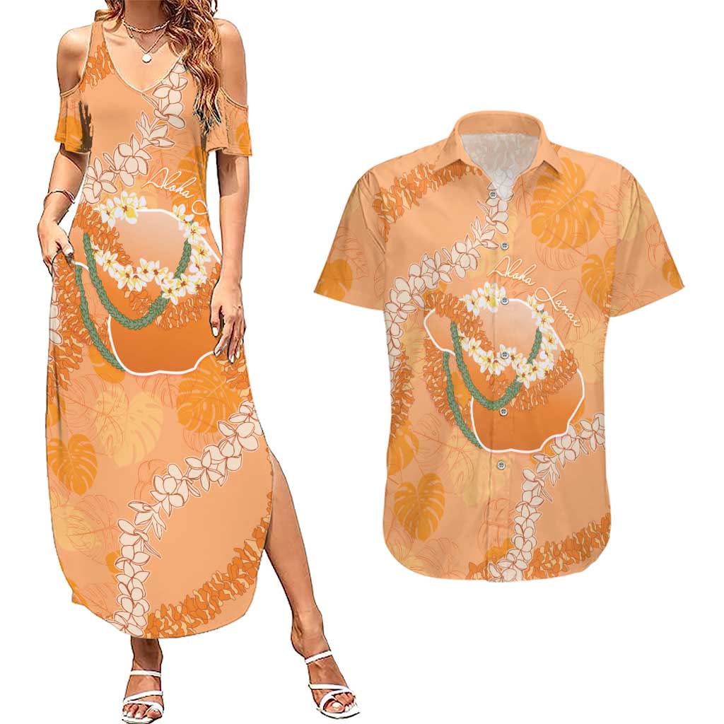 Hawaii Lanai Island Flowers Lei Couples Matching Summer Maxi Dress and Hawaiian Shirt Orange Kaunaoa Mix Maile LT7 Orange - Polynesian Pride