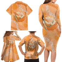 Hawaii Lanai Island Flowers Lei Family Matching Long Sleeve Bodycon Dress and Hawaiian Shirt Orange Kaunaoa Mix Maile LT7 - Polynesian Pride