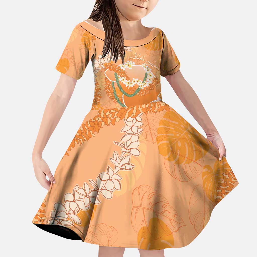 Hawaii Lanai Island Flowers Lei Family Matching Mermaid Dress and Hawaiian Shirt Orange Kaunaoa Mix Maile LT7 Daughter's Dress Orange - Polynesian Pride