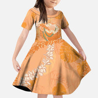 Hawaii Lanai Island Flowers Lei Family Matching Mermaid Dress and Hawaiian Shirt Orange Kaunaoa Mix Maile LT7 Daughter's Dress Orange - Polynesian Pride