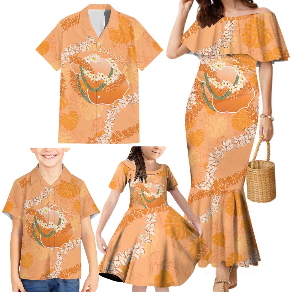 Hawaii Lanai Island Flowers Lei Family Matching Mermaid Dress and Hawaiian Shirt Orange Kaunaoa Mix Maile