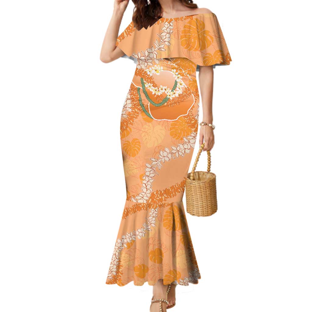 Hawaii Lanai Island Flowers Lei Family Matching Mermaid Dress and Hawaiian Shirt Orange Kaunaoa Mix Maile LT7 Mom's Dress Orange - Polynesian Pride