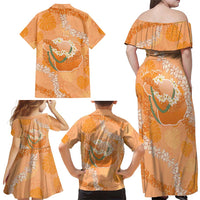 Hawaii Lanai Island Flowers Lei Family Matching Off Shoulder Maxi Dress and Hawaiian Shirt Orange Kaunaoa Mix Maile LT7 - Polynesian Pride