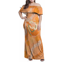 Hawaii Lanai Island Flowers Lei Family Matching Off Shoulder Maxi Dress and Hawaiian Shirt Orange Kaunaoa Mix Maile LT7 Mom's Dress Orange - Polynesian Pride