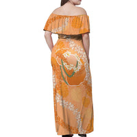 Hawaii Lanai Island Flowers Lei Family Matching Off Shoulder Maxi Dress and Hawaiian Shirt Orange Kaunaoa Mix Maile LT7 - Polynesian Pride