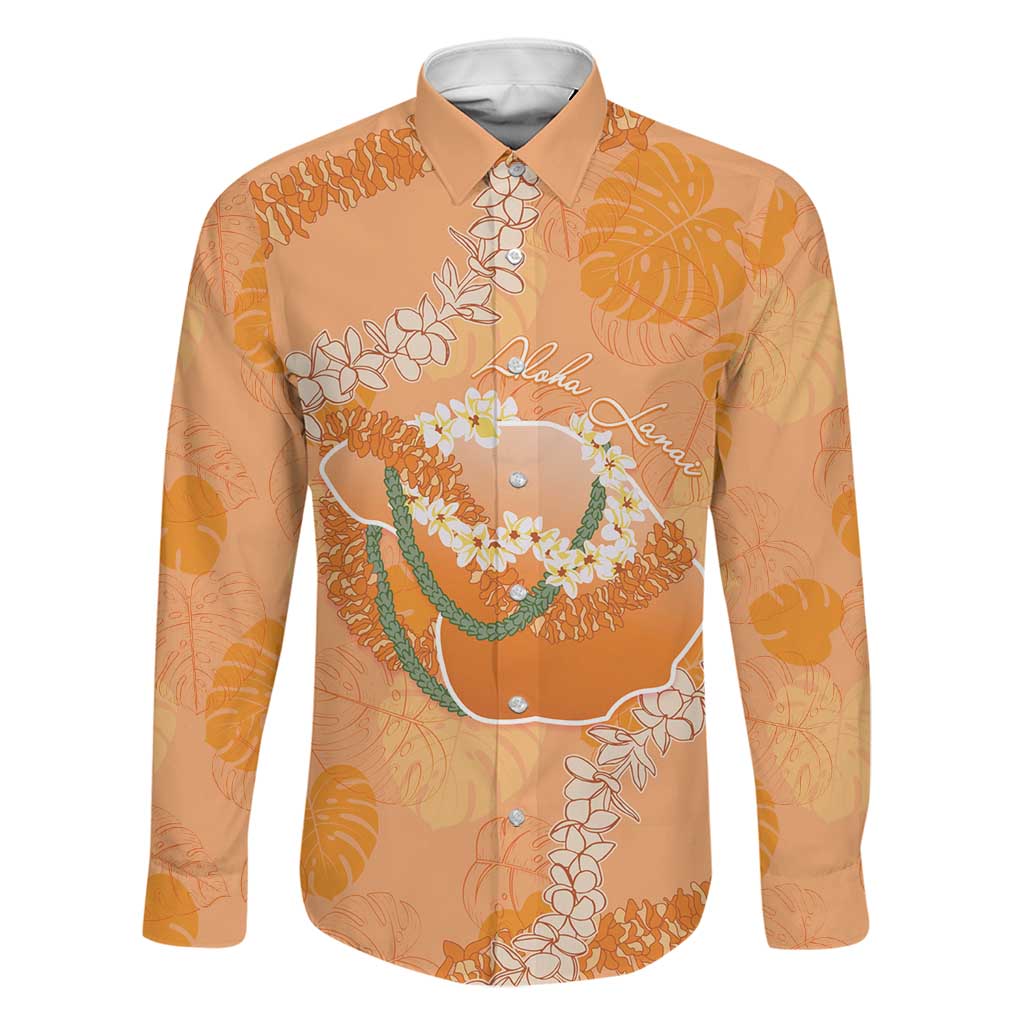 Hawaii Lanai Island Flowers Lei Family Matching Puletasi and Hawaiian Shirt Orange Kaunaoa Mix Maile LT7 Dad's Shirt - Long Sleeve Orange - Polynesian Pride