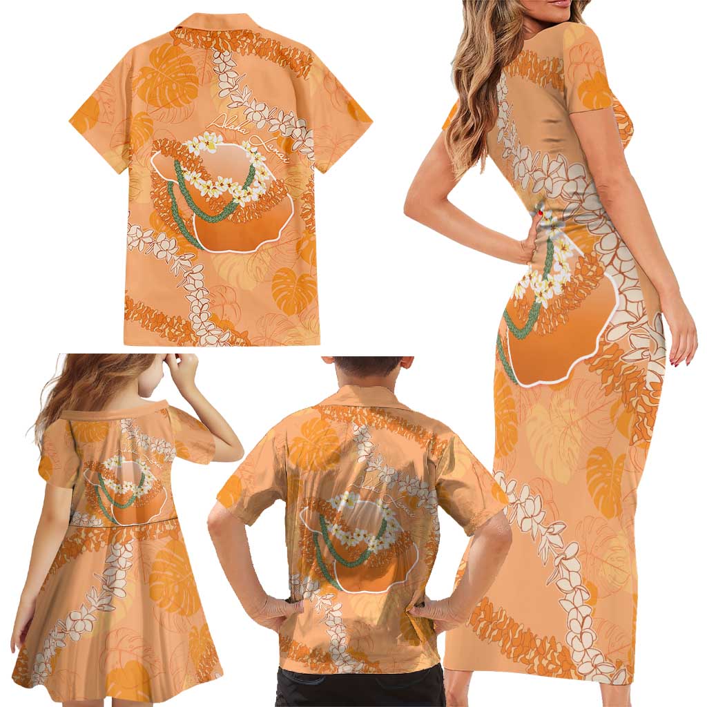 Hawaii Lanai Island Flowers Lei Family Matching Short Sleeve Bodycon Dress and Hawaiian Shirt Orange Kaunaoa Mix Maile LT7 - Polynesian Pride