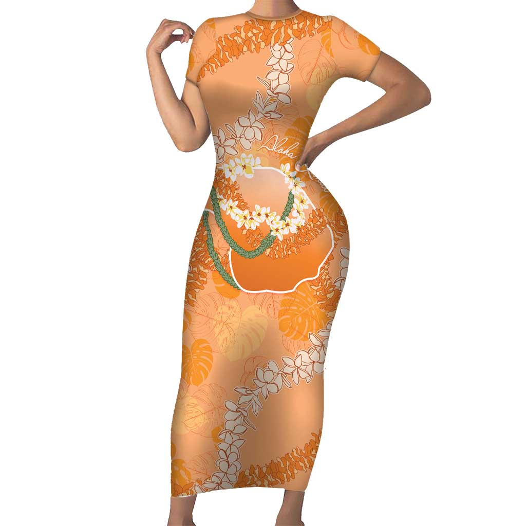 Hawaii Lanai Island Flowers Lei Family Matching Short Sleeve Bodycon Dress and Hawaiian Shirt Orange Kaunaoa Mix Maile LT7 Mom's Dress Orange - Polynesian Pride