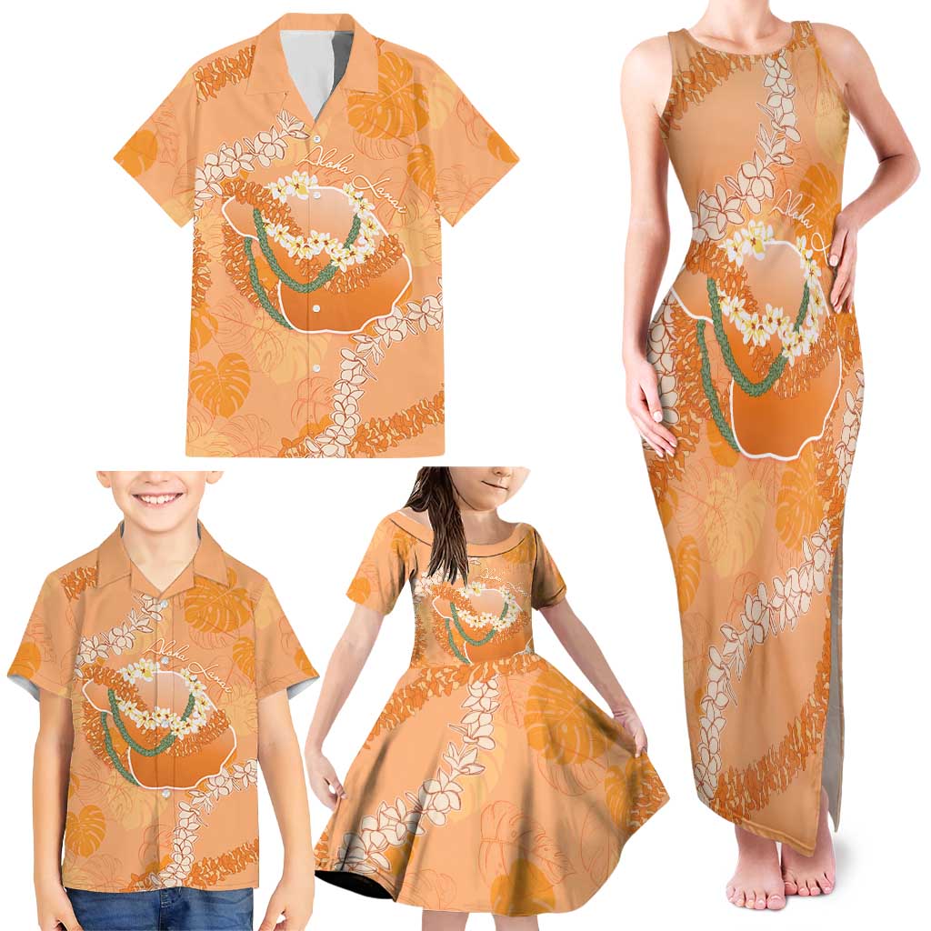 Hawaii Lanai Island Flowers Lei Family Matching Tank Maxi Dress and Hawaiian Shirt Orange Kaunaoa Mix Maile LT7 - Polynesian Pride