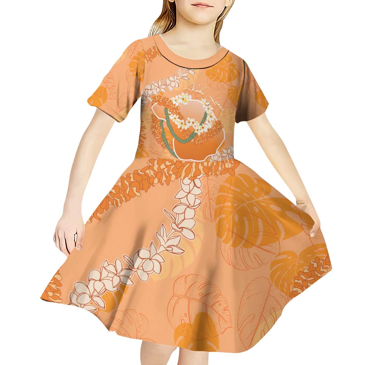 Hawaii Lanai Island Flowers Lei Kid Short Sleeve Dress Orange Kaunaoa Mix Maile LT7 - Polynesian Pride