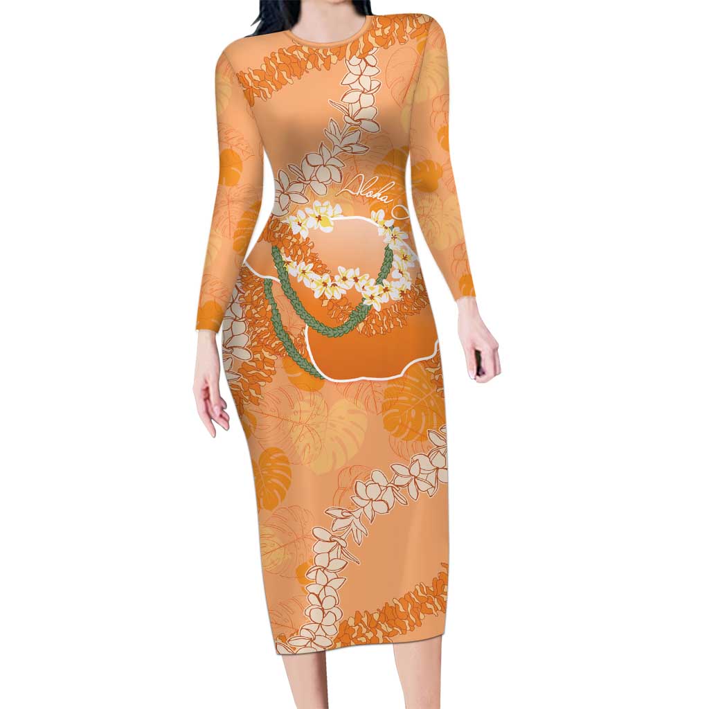 Hawaii Lanai Island Flowers Lei Long Sleeve Bodycon Dress Orange Kaunaoa Mix Maile
