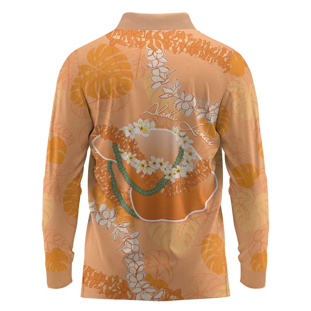Hawaii Lanai Island Flowers Lei Long Sleeve Polo Shirt Orange Kaunaoa Mix Maile LT7 - Polynesian Pride