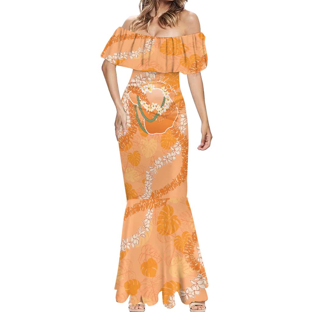 Hawaii Lanai Island Flowers Lei Mermaid Dress Orange Kaunaoa Mix Maile LT7 - Polynesian Pride