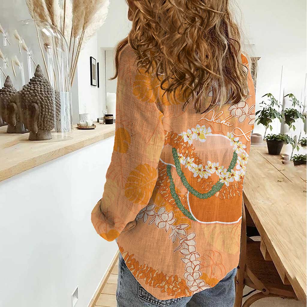 Hawaii Lanai Island Flowers Lei Women Casual Shirt Orange Kaunaoa Mix Maile LT7 - Polynesian Pride