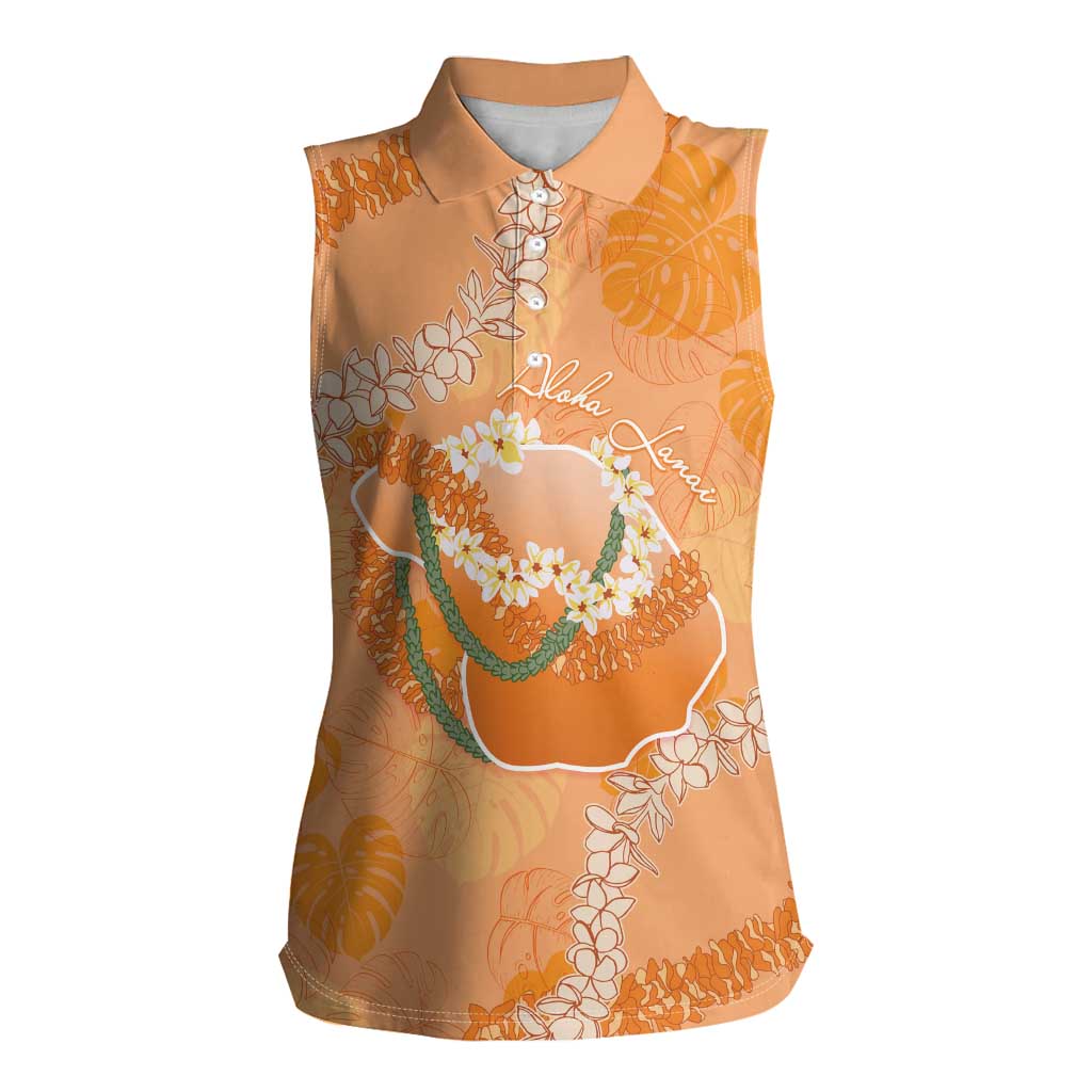 Hawaii Lanai Island Flowers Lei Women Sleeveless Polo Shirt Orange Kaunaoa Mix Maile LT7 Female Orange - Polynesian Pride