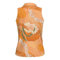 Hawaii Lanai Island Flowers Lei Women Sleeveless Polo Shirt Orange Kaunaoa Mix Maile LT7 - Polynesian Pride
