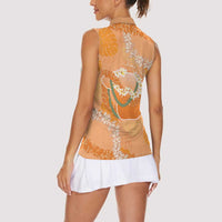 Hawaii Lanai Island Flowers Lei Women Sleeveless Polo Shirt Orange Kaunaoa Mix Maile LT7 - Polynesian Pride