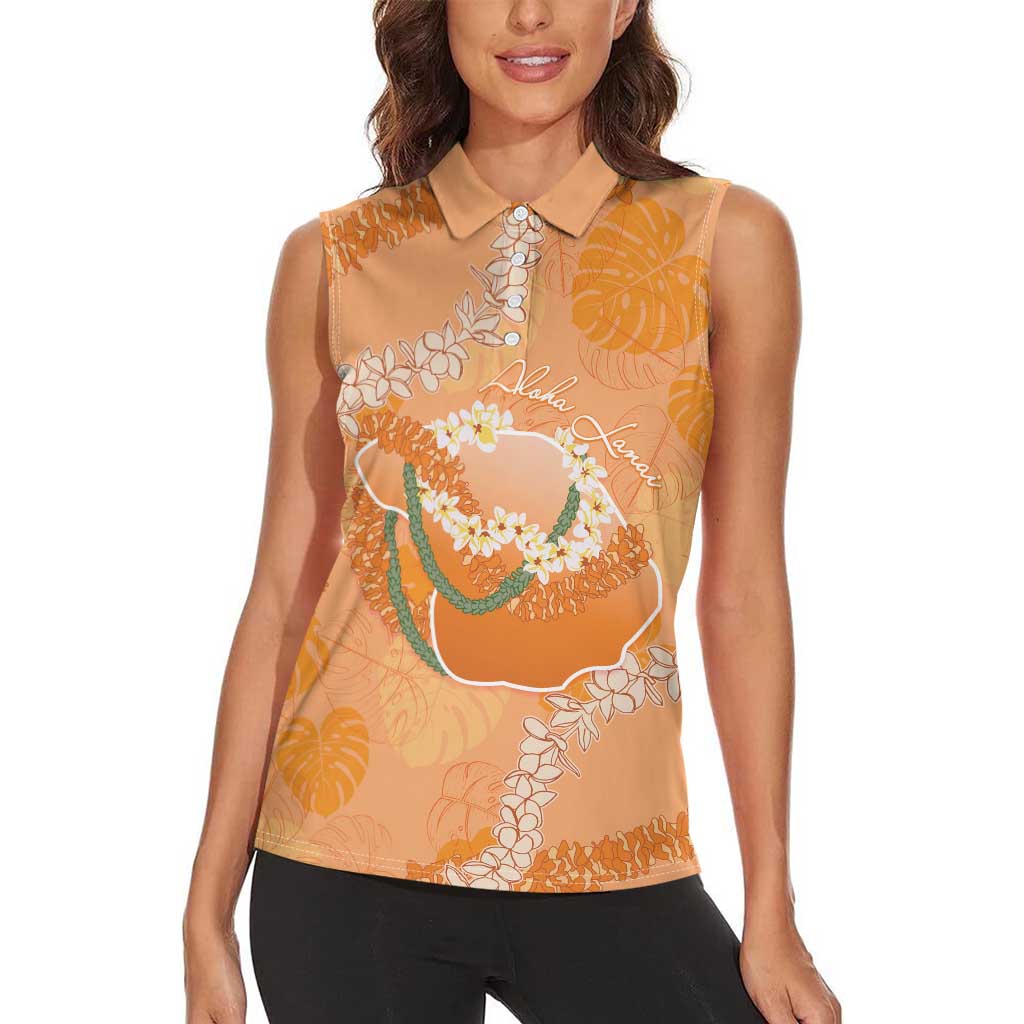 Hawaii Lanai Island Flowers Lei Women Sleeveless Polo Shirt Orange Kaunaoa Mix Maile LT7 - Polynesian Pride