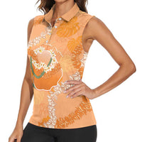 Hawaii Lanai Island Flowers Lei Women Sleeveless Polo Shirt Orange Kaunaoa Mix Maile LT7 - Polynesian Pride