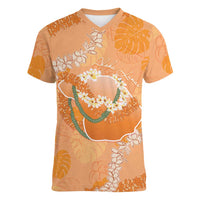 Hawaii Lanai Island Flowers Lei Women V-Neck T-Shirt Orange Kaunaoa Mix Maile LT7 Female Orange - Polynesian Pride