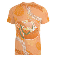 Hawaii Lanai Island Flowers Lei Women V-Neck T-Shirt Orange Kaunaoa Mix Maile LT7 - Polynesian Pride